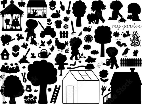 Vector garden silhouette clipart set. Farm black shadow icons collection with kids doing gardening work, growing plants, trees, equipment. Nature spring, summer country illustrations with children