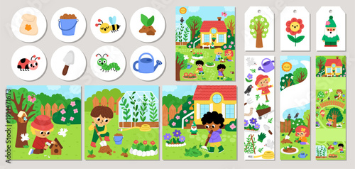 Cute garden cards set with kids doing gardening work. Vector square, round, vertical print templates. Spring rural nature design for tags, postcards, ads with rural landscapes with children