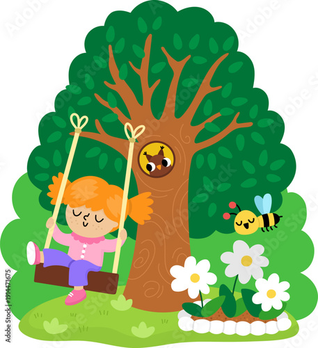 Spring garden illustration with girl swinging on the tree with owl in hollow. Vector country house, farm concept. Cute kid doing gardening holidays icon. Child clipart isolated on white background