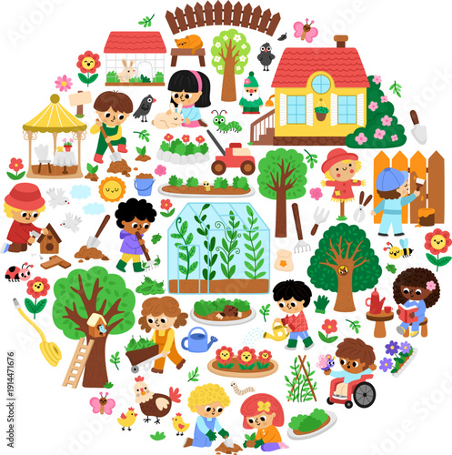 Vector garden round frame with country house, greenhouse, children doing gardening works. Card template design for banners, invitations. Cute spring illustration with kids working in yard
