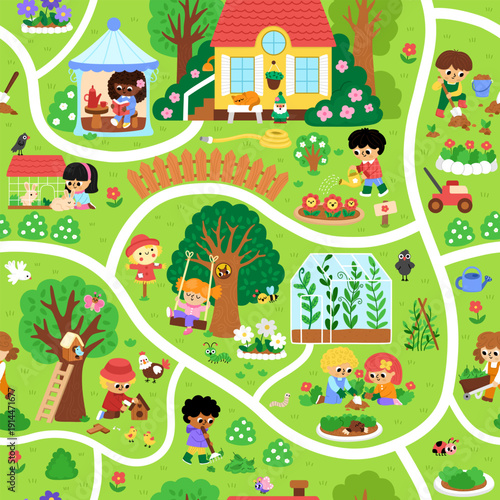 Vector garden seamless pattern. Cute farm repeat background with landscape map, kids doing gardening work, growing plants, trees, equipment. Nature digital paper with cute scene