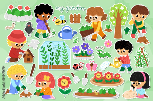 Vector garden stickers with white border set. Cute farm patches collection with kids doing gardening work, growing plants, trees, equipment. Spring nature illustrations with children