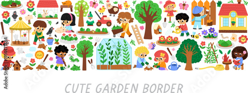 Vector garden horizontal border set with country house, greenhouse, children doing gardening works. Card template design for banners, invitations. Cute spring illustration with kids working in yard