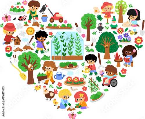 Vector garden heart shaped frame with country house, greenhouse, children doing gardening works. Card template design for banners, invitations. Cute spring illustration with kids working in yard