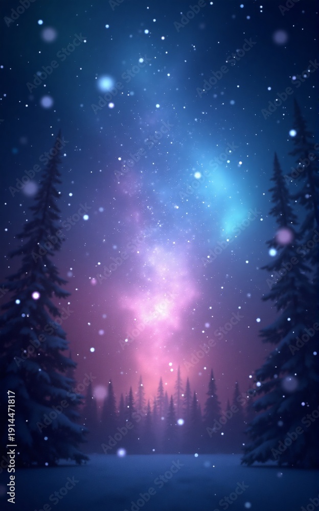 Fototapeta premium A hyperrealistic digital painting showcases a snow-covered forest under a swirling aurora borealis at night.