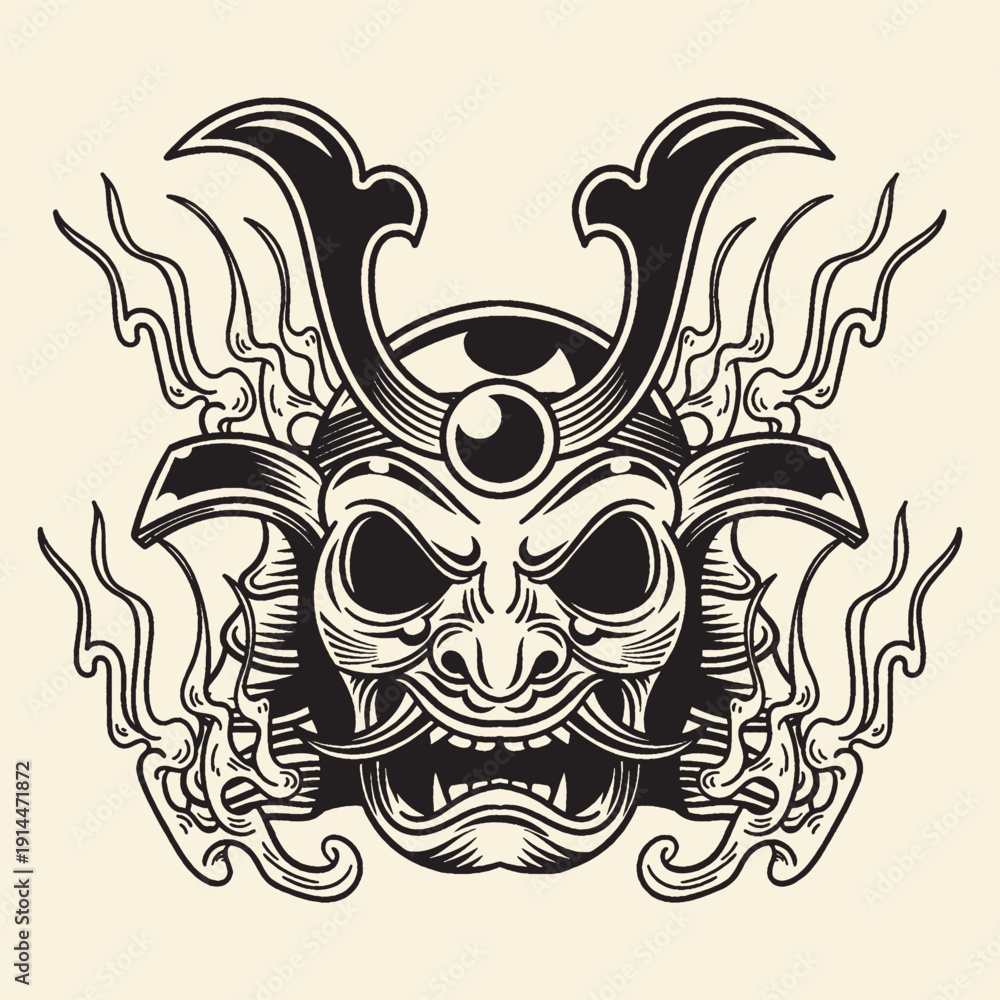 Obraz premium Fierce Japanese samurai Oni mask with stylized flames, representing power, danger, and protection. Bold graphic illustration.