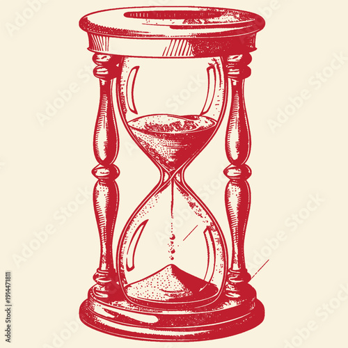 Vintage hourglass illustration with sand flowing, symbolizing time passing, eternity, and deadlines. Classic engraving style.