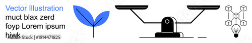 Sustainability, innovation, balance, environmental awareness, equilibrium concept, creative thinking. A leaf, a balanced scale and a network with a lightbulb. Sustainability and innovation