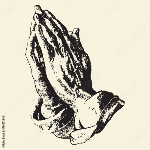 Praying hands illustration in detailed engraving style, representing faith, hope, devotion, and supplication. Spiritual concept.