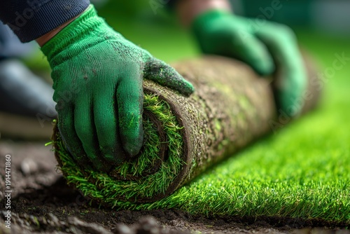 a worker wearing green gloves is laying new grass on the lawn they carefully place each square of vibrant green sod close-up Generative AI