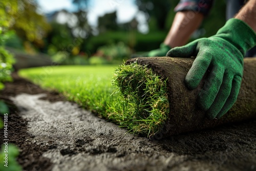 Wallpaper Mural a worker wearing green gloves is laying new grass on the lawn, which has been carefully smoothed with black soil and cement at one end of it Generative AI Torontodigital.ca
