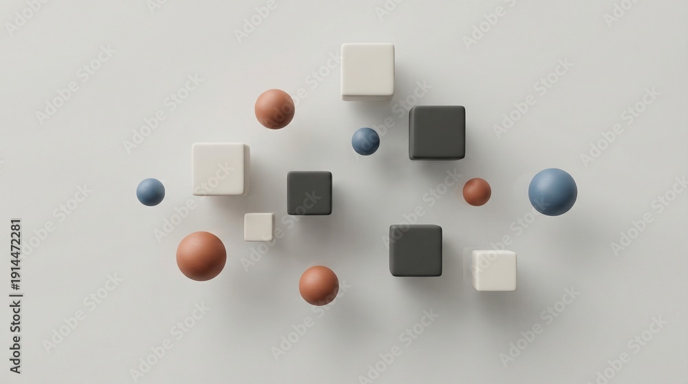 Obraz premium 3D rendering of assorted geometric shapes in various colors on a plain background.
