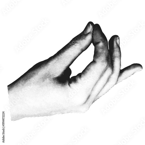 Lifting pinch hand gesture, isolated halftone cut out photo, minimal design element