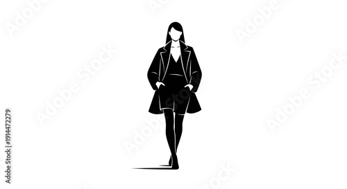 Stylish Woman in Black Coat Walking on White Background