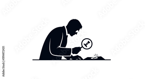 Businessman Analyzing Data with Magnifying Glass and Book