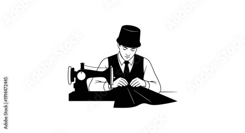 Vintage Seamstress Working with Sewing Machine and Fabric