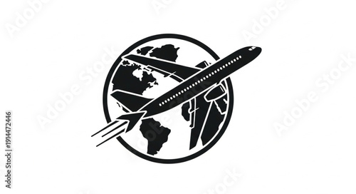 Black and white illustration of an airplane flying around the globe.