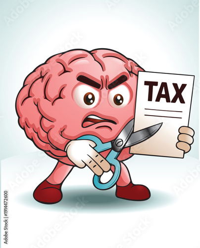 illustration of a brain mascot try to cut tax paper  on white background