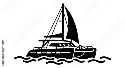 Black and white illustration of a luxury yacht sailing on calm waters.