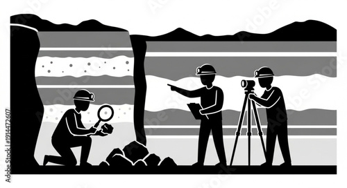 Geologists examining rock formations and strata in a geological survey.