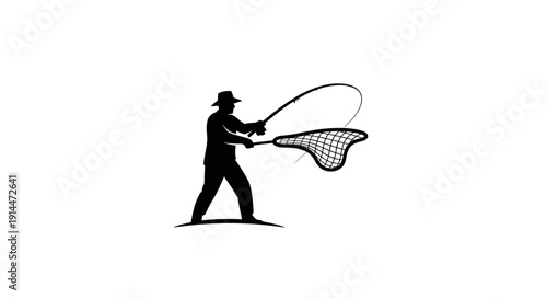 Silhouette of person fishing with net on plain background
