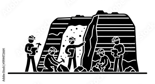 Miners working together to excavate a large rock formation.