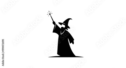 Silhouette of a Wizard Casting a Spell with a Wand