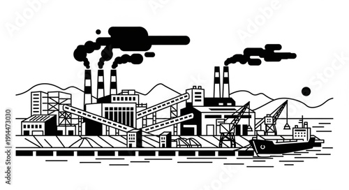 Industrial landscape with factories and cargo ship.