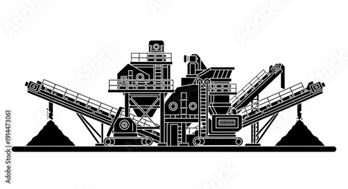 Industrial crusher machine with conveyor belts and piles of material.