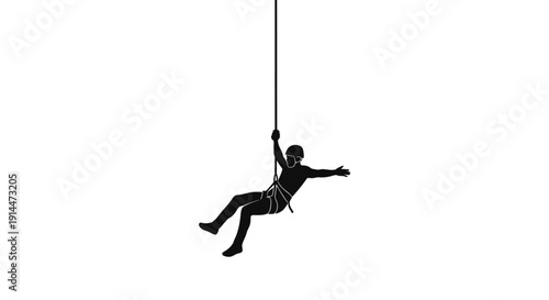 Silhouette of a person swinging on a rope against a white background