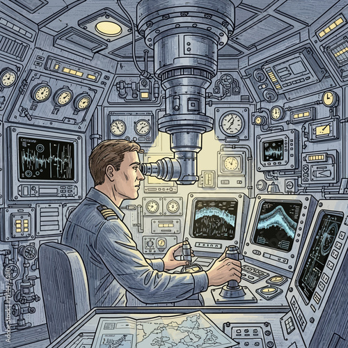 Submarine control room, sailor operating sonar, intricate machinery, vintage illustration style