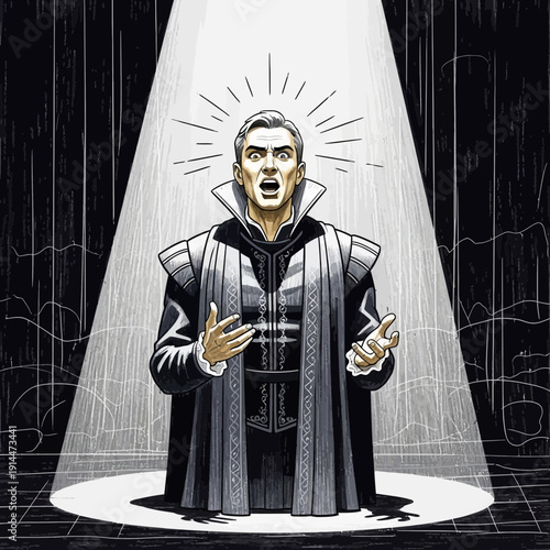 Actor performing on stage in spotlight, dramatic expression