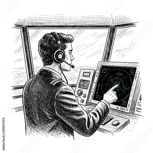 Air traffic controller in control tower monitoring radar screen