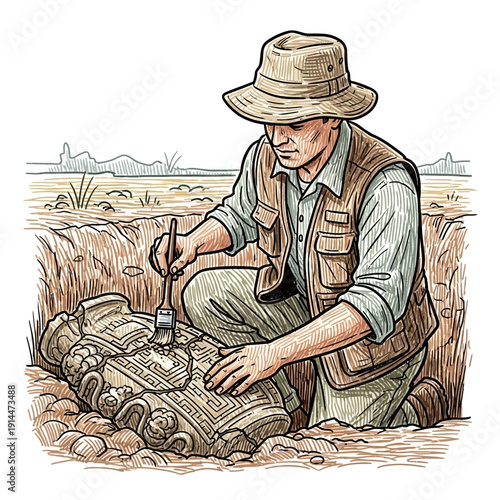 Archaeologist excavating ancient artifact with brush