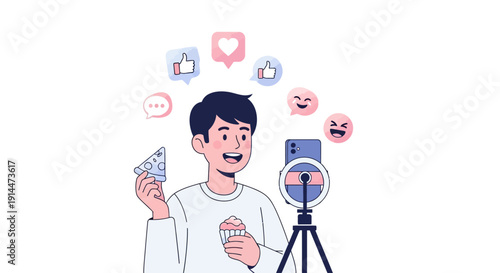 A smiling man holds cash while recording a video on a tripod-mounted camera surrounded by social media icons