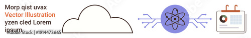 Technology, cloud computing, data management, analytics, science, scheduling. Cloud outline, atomic structure and a calendar with data visualization. Cloud computing and technology concept