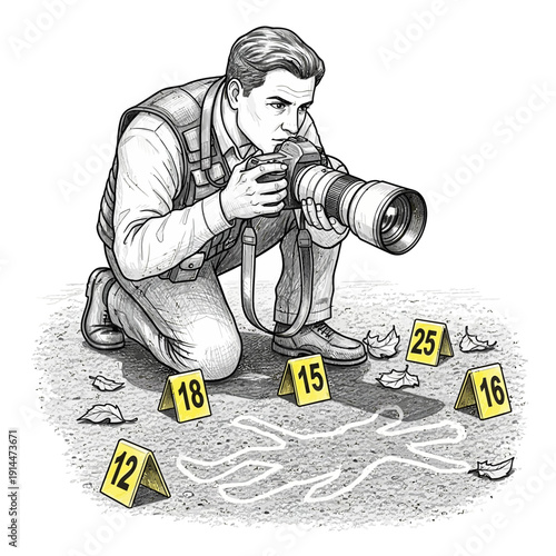 Detective photographer captures crime scene evidence with chalk outline and markers.