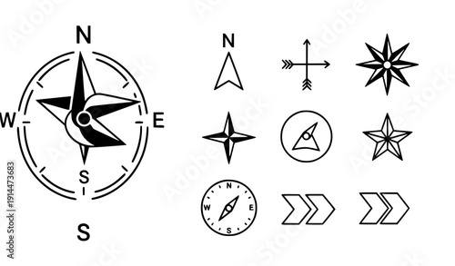 Compass Icons Set with Compass Rose and Navigation Star Symbols Flat Vector on White Background