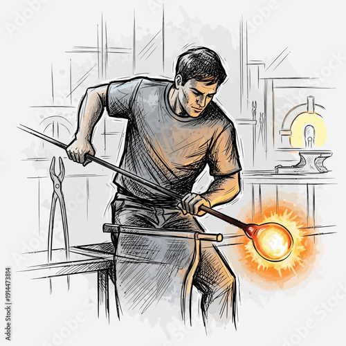 Glassblower shaping molten glass at furnace, artistic sketch