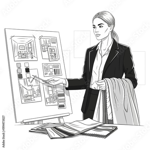 Interior designer presenting mood board and fabric swatches