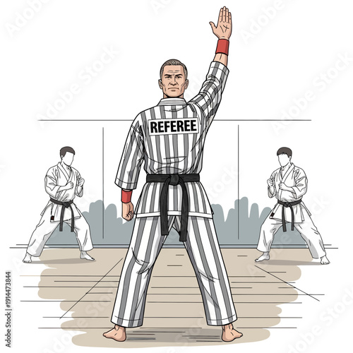 Karate referee raises hand signaling match start or stop, two athletes ready