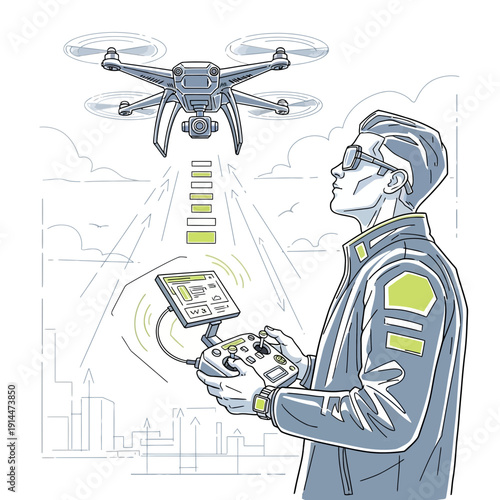 Man controlling drone with remote and tablet, aerial technology illustration