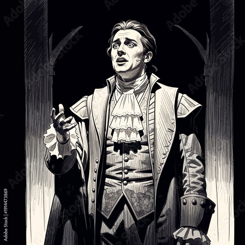 Man in historical costume singing on stage