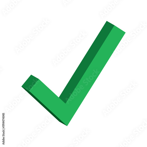 Green check mark icon vector. Isometric 3D tick symbol isolated on white background. Sign of success, approval, correct choice, voting, verification and completed task. Modern graphic element.