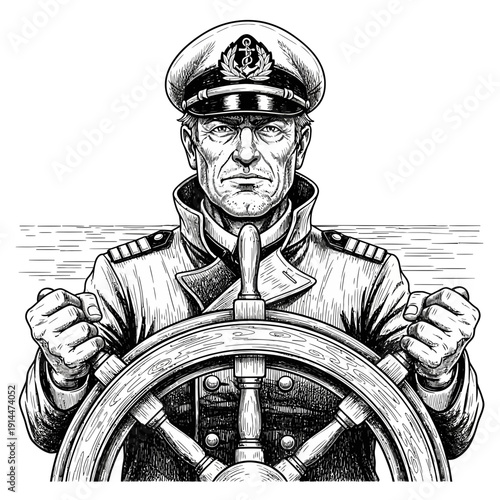 Sea Captain Steering Ship Wheel Nautical Vintage Illustration