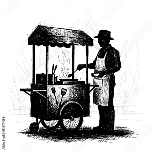 Street Vendor Cooking Food at Cart