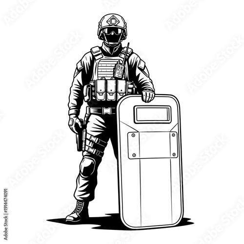Special forces soldier with riot shield and pistol