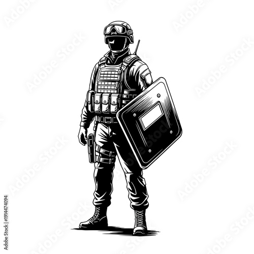 Special Forces Soldier with Shield and Gun