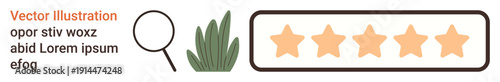 Customer review, product evaluation, research, quality assurance, user feedback, service rating. Magnifying glass, green plant orange five-star icons. Customer review and product evaluation symbol