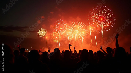 Spectacular fireworks display over joyful crowd at night